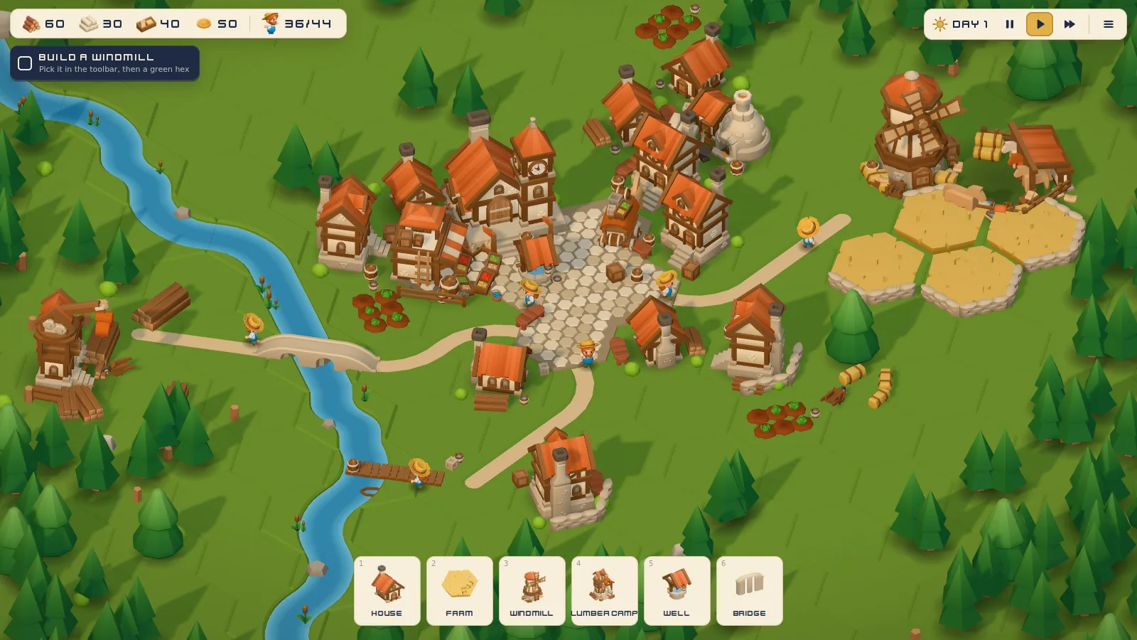 Hearthvale: a medieval village on a green hex island, with a building toolbar